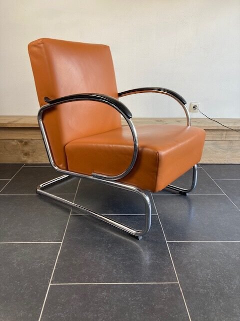 Gispen 407 fauteuil, chroom, cognac leder