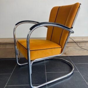 Gispen 412 fauteuil, chroom, okergele ribstof