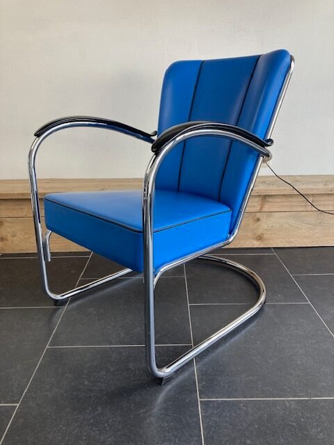 2 Gispen 412S fauteuils, kobalt blauw leder, chroom - Afbeelding 2