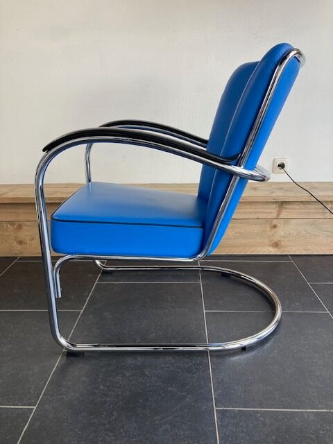 2 Gispen 412S fauteuils, kobalt blauw leder, chroom - Afbeelding 3