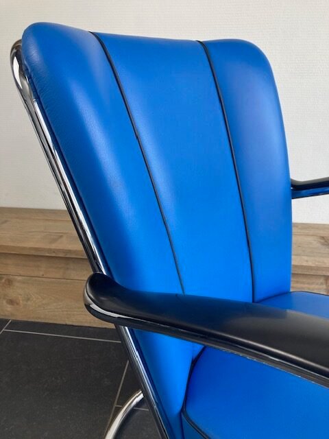 2 Gispen 412S fauteuils, kobalt blauw leder, chroom - Afbeelding 7