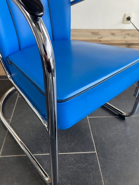 2 Gispen 412S fauteuils, kobalt blauw leder, chroom - Afbeelding 8