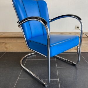 2 Gispen 412S fauteuils, kobalt blauw leder, chroom