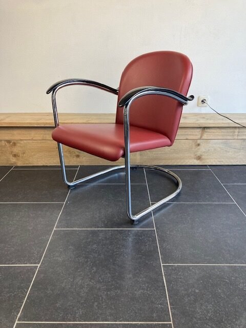 Gispen 414 fauteuil, chroom, bordeaux rood leder
