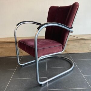 Gispen 412 fauteuil, zijdemat frame, paarse ribstof