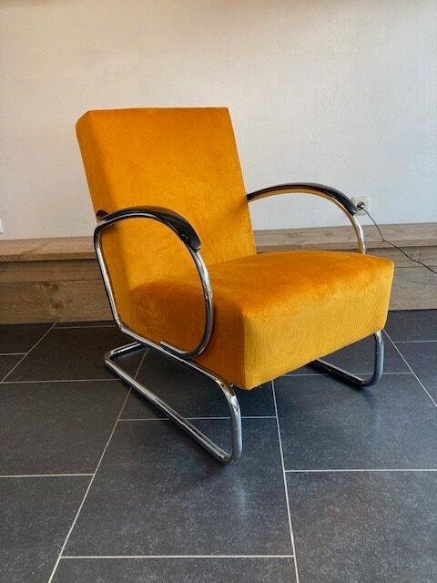 Gispen 407 fauteuil, chroom, nieuwe okergele ribstof - Afbeelding 2