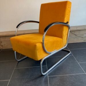 Gispen 407 fauteuil, chroom, nieuwe okergele ribstof