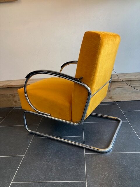 Gispen 407 fauteuil, chroom, nieuwe okergele ribstof - Afbeelding 3