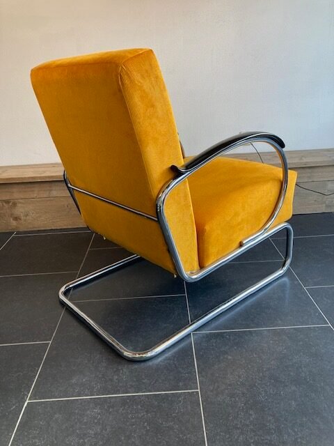 Gispen 407 fauteuil, chroom, nieuwe okergele ribstof - Afbeelding 5