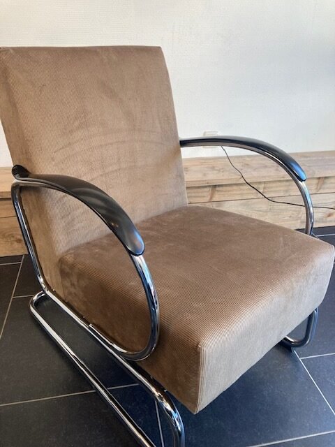 Gispen 407 fauteuil, chroom, nieuwe zand kleurige ribstof - Afbeelding 3