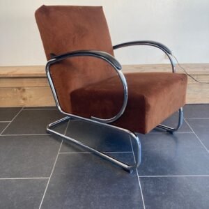 Gispen 407 fauteuil, chroom, nieuwe cognac bruine ribstof