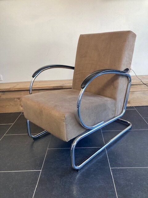 Gispen 407 fauteuil, chroom, nieuwe zand kleurige ribstof - Afbeelding 2
