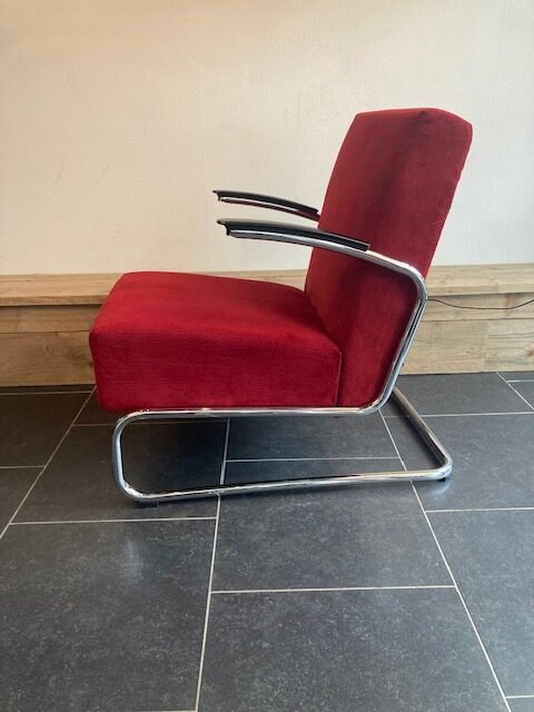 Gispen 405 fauteuil, chroom, nieuwe donkerrode ribstof - Afbeelding 3
