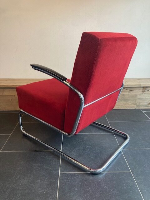 Gispen 405 fauteuil, chroom, nieuwe donkerrode ribstof - Afbeelding 4