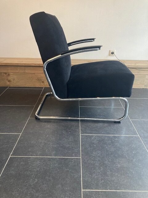 Twee Gispen 405 fauteuils, chroom, nieuwe zwarte ribstof - Afbeelding 6