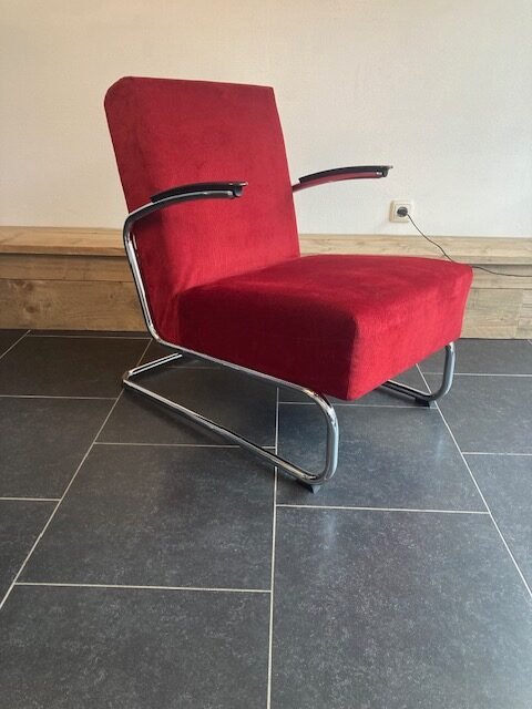 Gispen 405 fauteuil, chroom, nieuwe donkerrode ribstof - Afbeelding 2