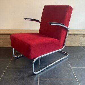 Gispen 405 fauteuil, chroom, nieuwe donkerrode ribstof