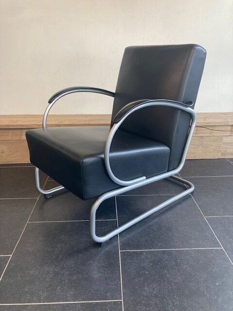 Gispen 407 fauteuil, zijdemat frame, zwart leder - Afbeelding 2