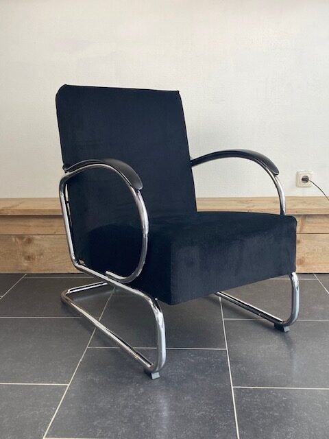 Gispen 407 fauteuil, chroom, nieuwe zwarte ribstof - Afbeelding 2