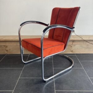 Twee Gispen 412 fauteuils, chroom, nieuwe terra ribstof