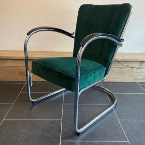 Gispen 412 fauteuil, chroom, nieuwe donkergroene ribstof