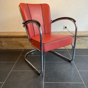 Gispen 412S fauteuil, chroom, steenrood leder