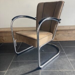 Gispen 412 fauteuil, chroom, nieuwe zandkleurige ribstof
