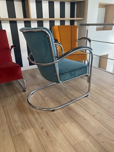 Gispen 412 fauteuil, chroom, nieuwe (gr)ijsblauwe ribstof - Afbeelding 5