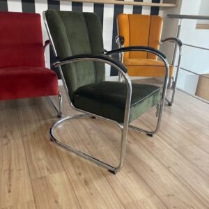 Gispen 412 fauteuil, chroom, nieuwe mosgroene ribstof