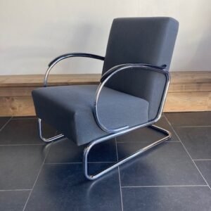 Gispen 407 fauteuil, chroom frame, grijze stof
