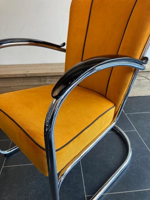 2 Gispen 412 fauteuils, chroom, nieuwe okergele ribstof - Afbeelding 4