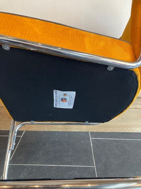 2 Gispen 412 fauteuils, chroom, nieuwe okergele ribstof - Afbeelding 5