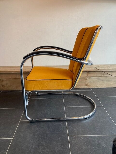 2 Gispen 412 fauteuils, chroom, nieuwe okergele ribstof - Afbeelding 6