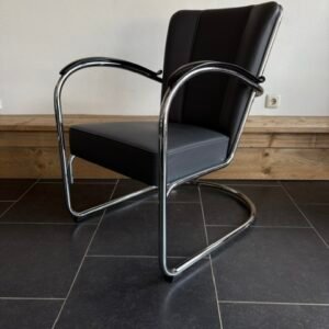 Gispen 412 fauteuil, chroom frame, grafiet grijs leder