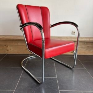 Gispen 412 fauteuil, chroom frame, rood leder met zwarte bies