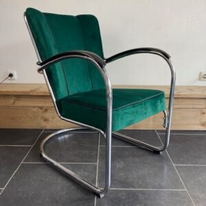 Gispen 412 fauteuil, chroom, nieuwe donkergroene ribstof