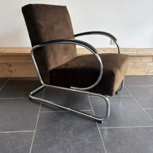 Gispen 407 fauteuil, chroom, nieuwe donkerbruine ribstof