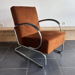 Gispen 407 fauteuil , chroom, nieuwe goudbruine ribstof