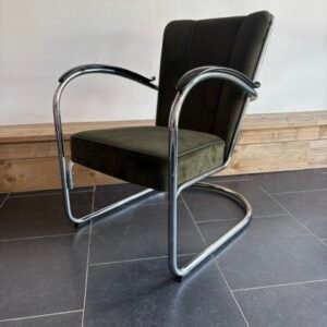 Gispen 412 fauteuil, hoogglans chroom ,nieuwe donkergroene ribstof