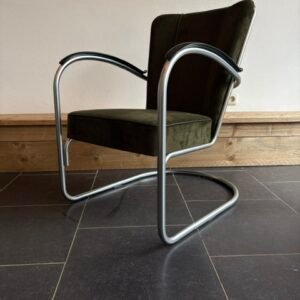 2 Gispen 412 fauteuils, zijdemat, nieuwe mosgroene ribstof