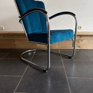Gispen 412S fauteuil, chroom, nieuwe petrol ribstof