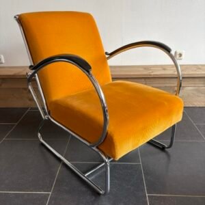 Gispen 401 fauteuil, chroom, okergele ribstof