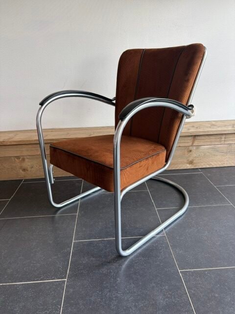 Gispen 412 fauteuil, chroom, nieuwe goudbruine ribstof - Afbeelding 2