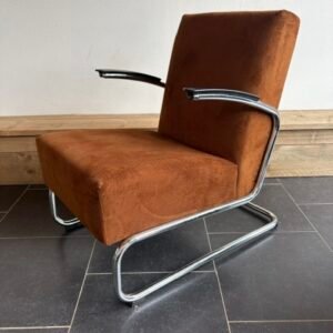 Gispen 405 fauteuil, chroom, nieuwe goudbruine ribstof