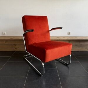 Twee Gispen 405 fauteuils, chroom, nieuwe terra ribstof