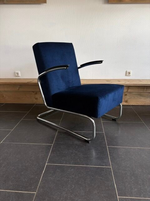 Gispen 405 fauteuil, chroom, nieuwe koningsblauwe ribstof - Afbeelding 2