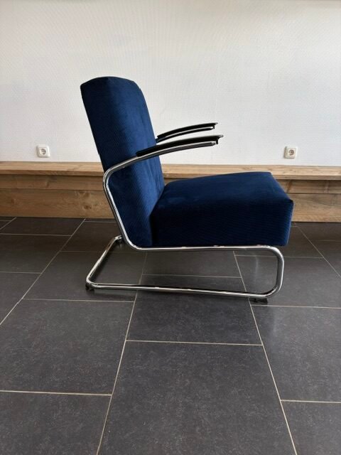 Gispen 405 fauteuil, chroom, nieuwe koningsblauwe ribstof - Afbeelding 3