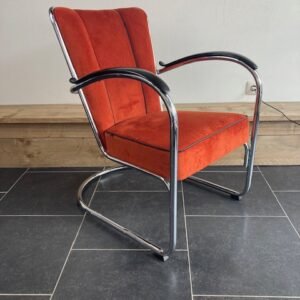 Twee Gispen 412 fauteuils, chroom, nieuwe terra ribstof